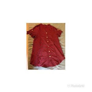 Plus Cuffed Sleeve Button Front Gingham Dress